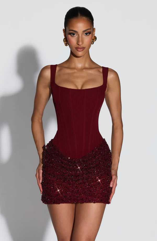 burgundy corset mini dress Rosalind Sequin Contrast contour binding and Size:US10/UK14/EU42 Blue Cocktail Dresses | Rough Sawn