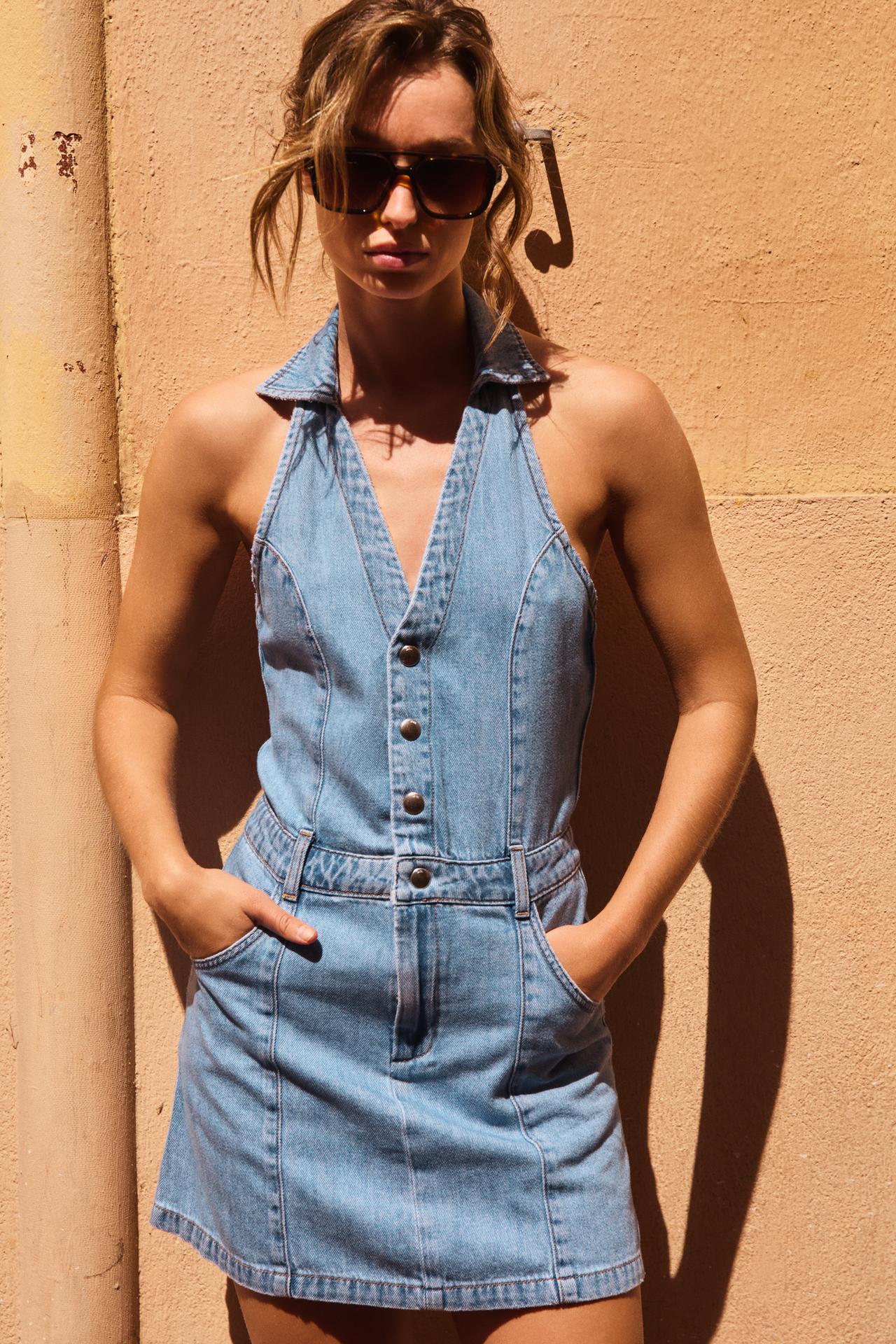 Rebel Denim Halter Mini Dress