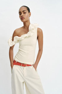 Adeline Asymmetric Ruffle Top - Cream Ecru
