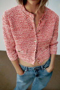 Red Textured Knit Cardigan Jacket
