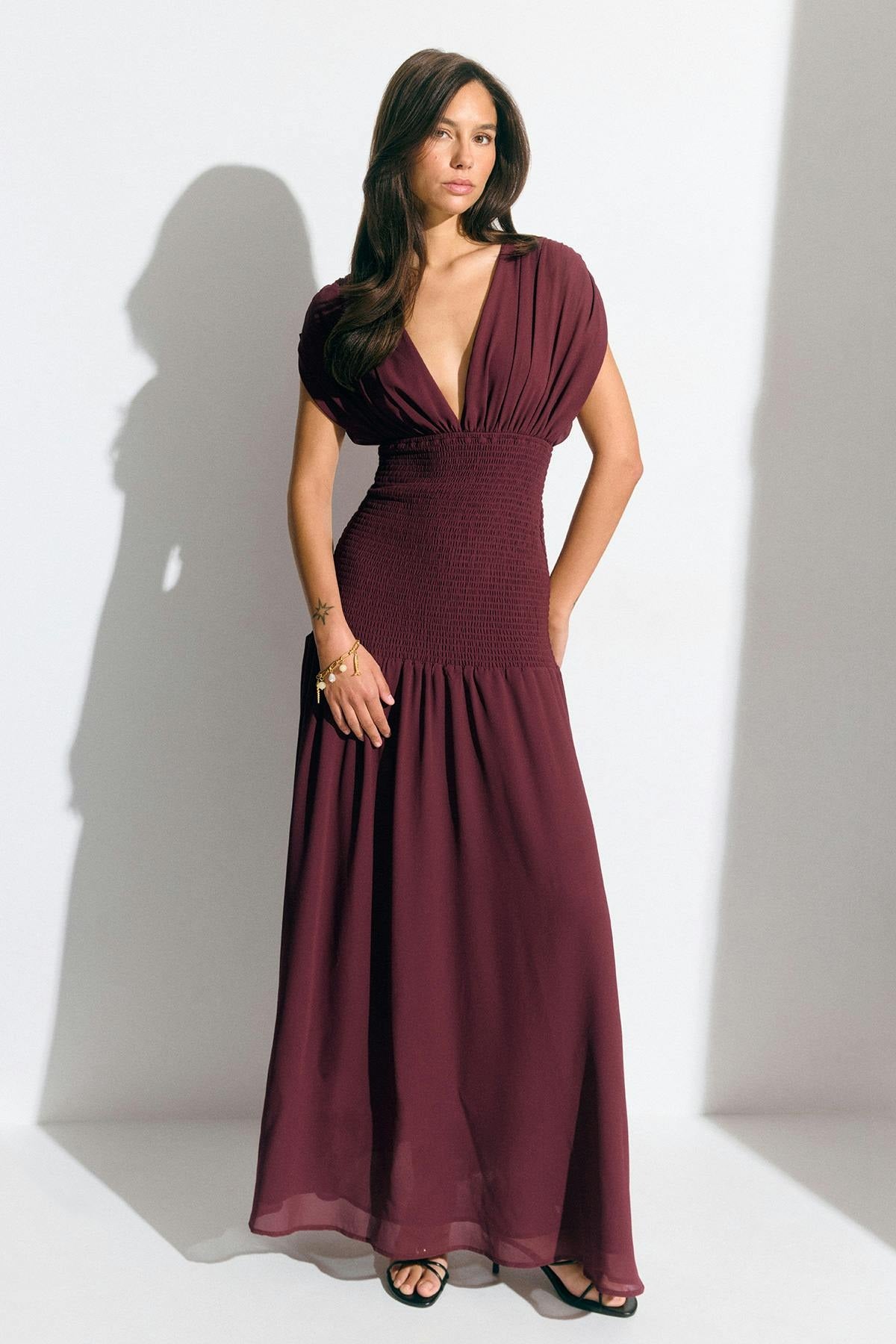 Amara Burgundy Smocked Maxi Dress