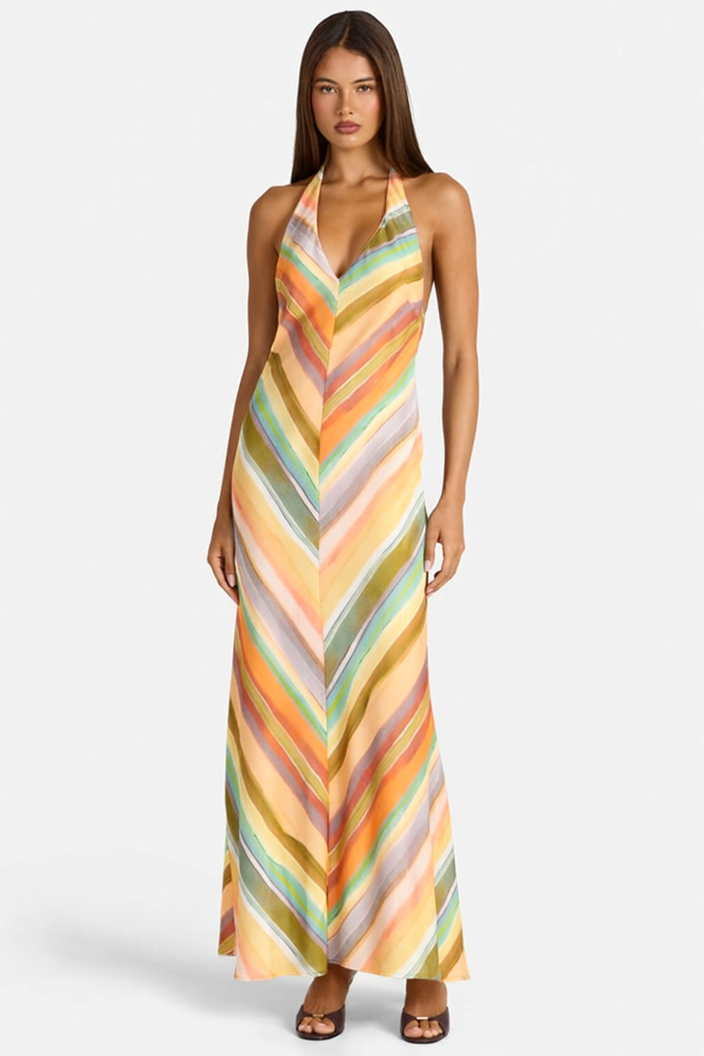 Amara Rainbow Stripe Halter Maxi Dress