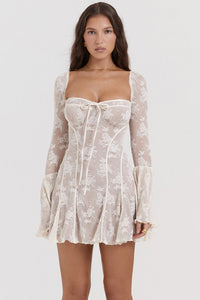 Amoret Plissé Lace Corset Mini Dress - Ivory White