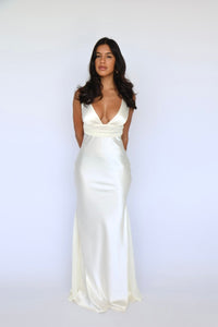 Aurora Pearl Backless Satin Maxi Dress