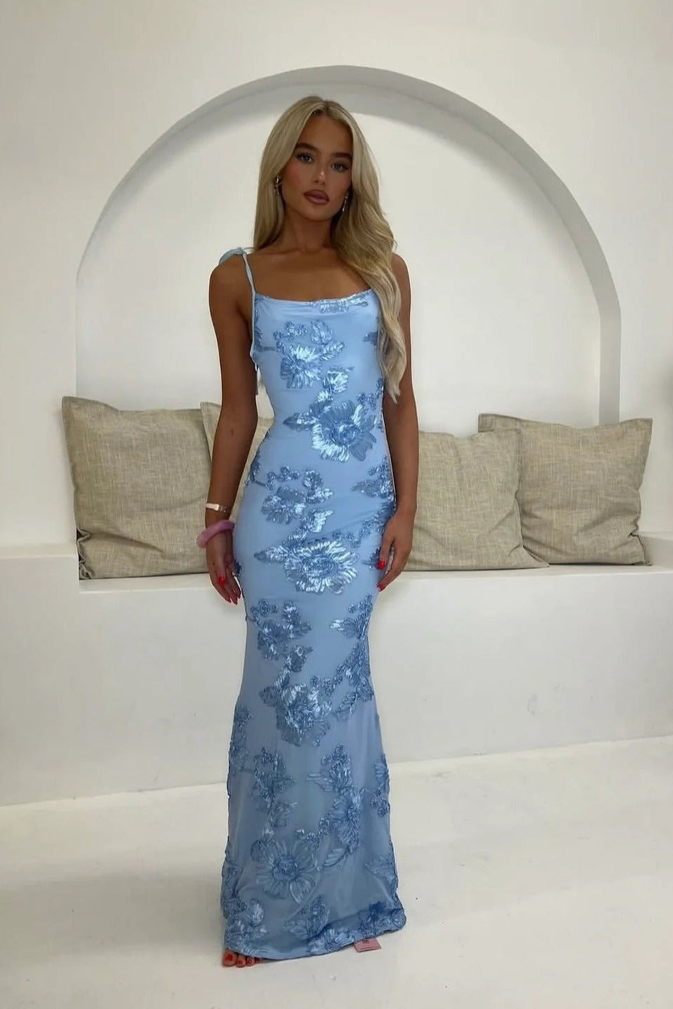 Azure Amour 3D Floral Tie Strap Cowl Neck Maxi Dres