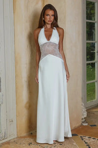 Amour Lace Paneling Halter Neck Satin Maxi Dress