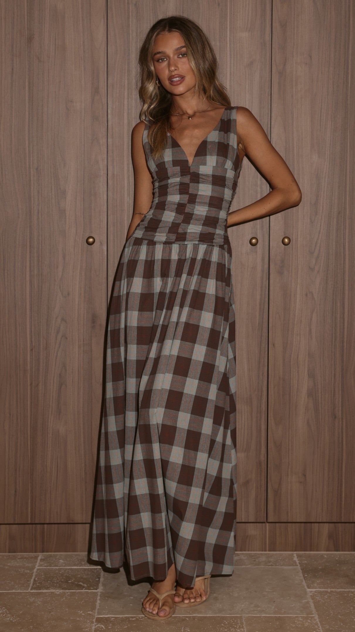 Elodie Plaid Ruched Maxi Dress