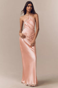 Love Language Lace Trim Satin Halter Maxi Dress