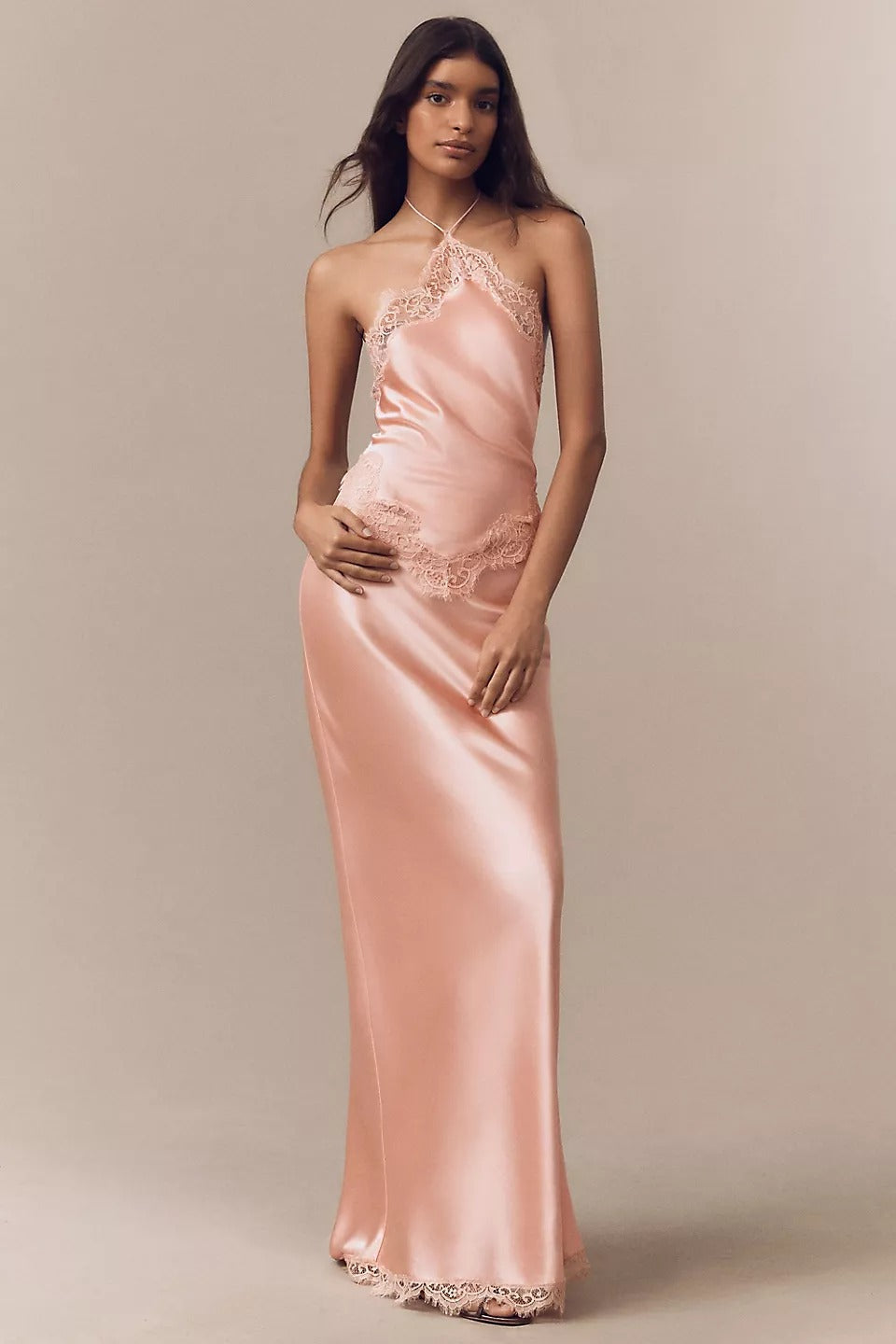 Love Language Lace Trim Satin Halter Maxi Dress