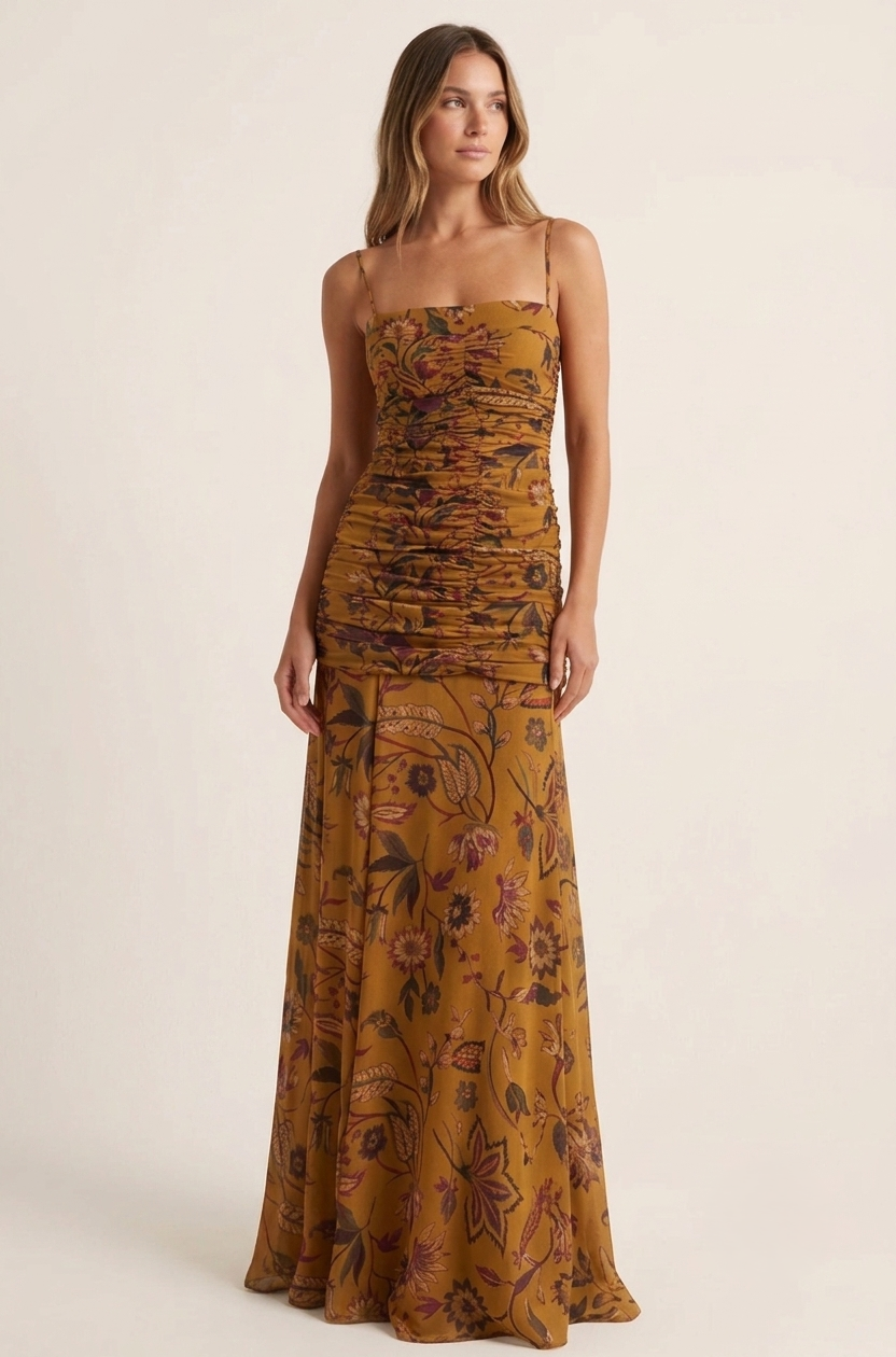 Antheia Vintage Floral Ruched Drop Waist Maxi Dress