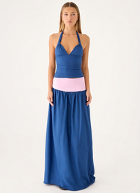 Blueberry Contrast Waist Halter Top & Maxi Skirt Set
