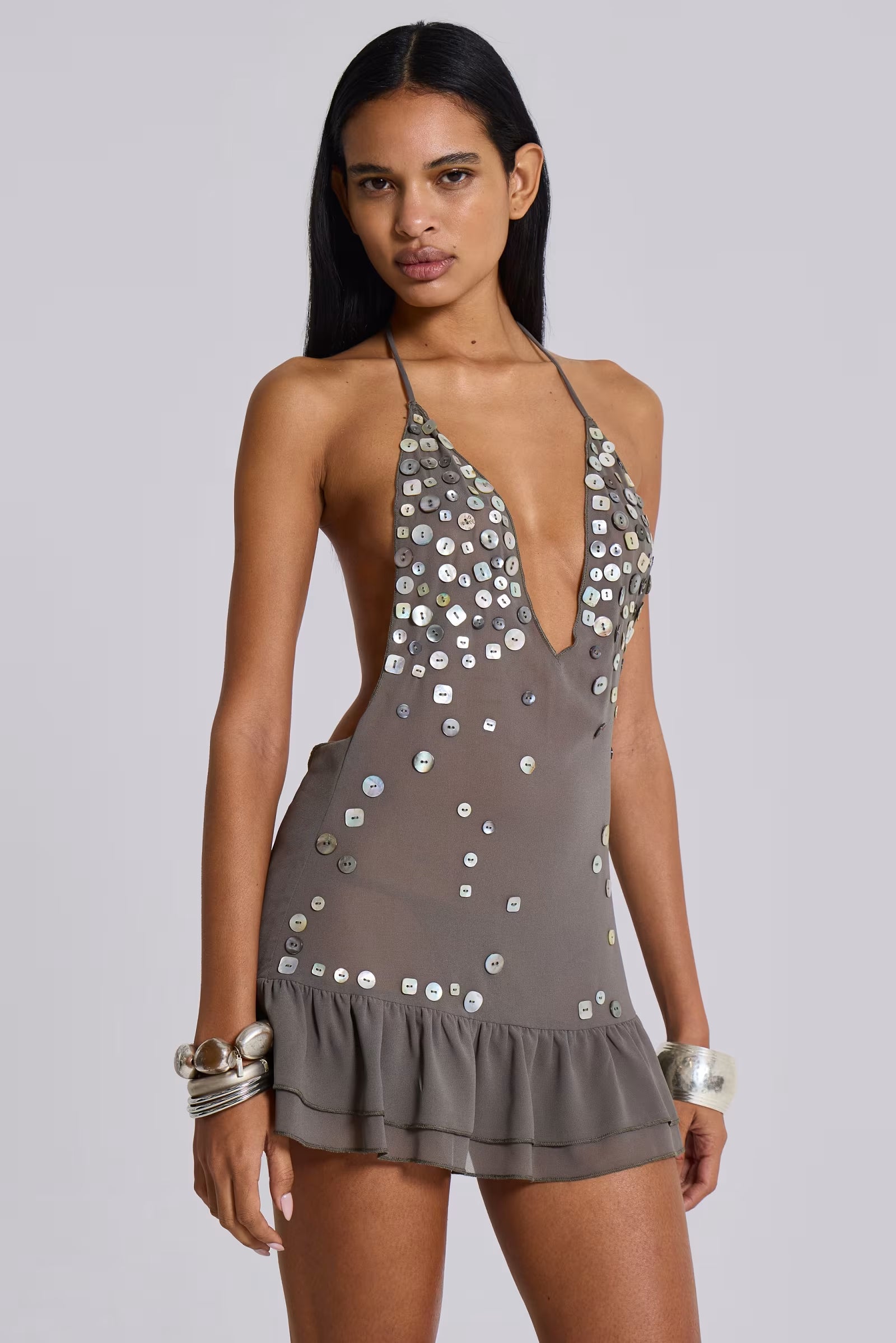 Ibiza Halter Embellished Mini Dress - Taupe