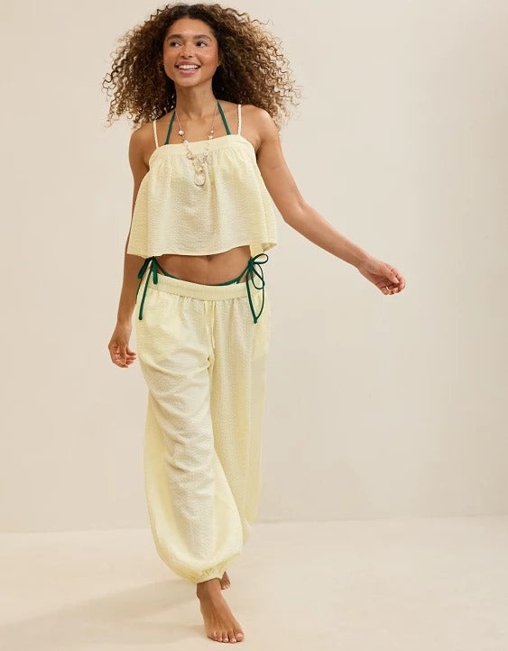Lemon Sorbet Seersucker Cami Crop Top & Elastic Cuff Pants Set
