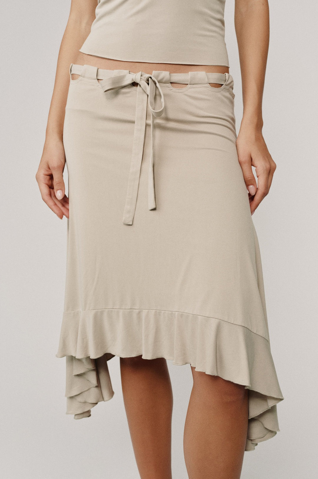 Luna Tie Waist Ruffle Midi Skirt