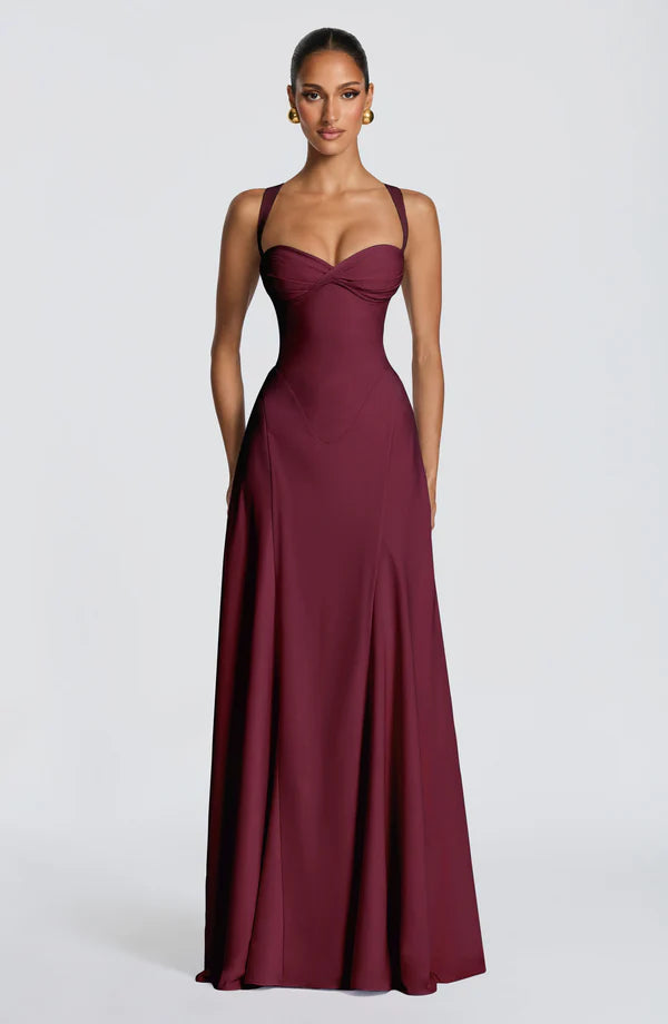 Midnight Siren Asymmetric Ruched Gown - Burgundy