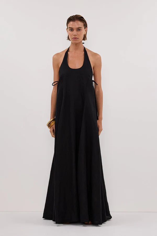Noir Muse Halter Linen Maxi Dress