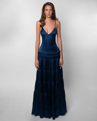 Ocean Drive Backless Tiered Satin Maxi Dress