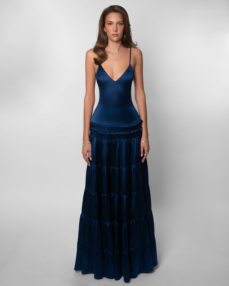 Ocean Drive Backless Tiered Satin Maxi Dress