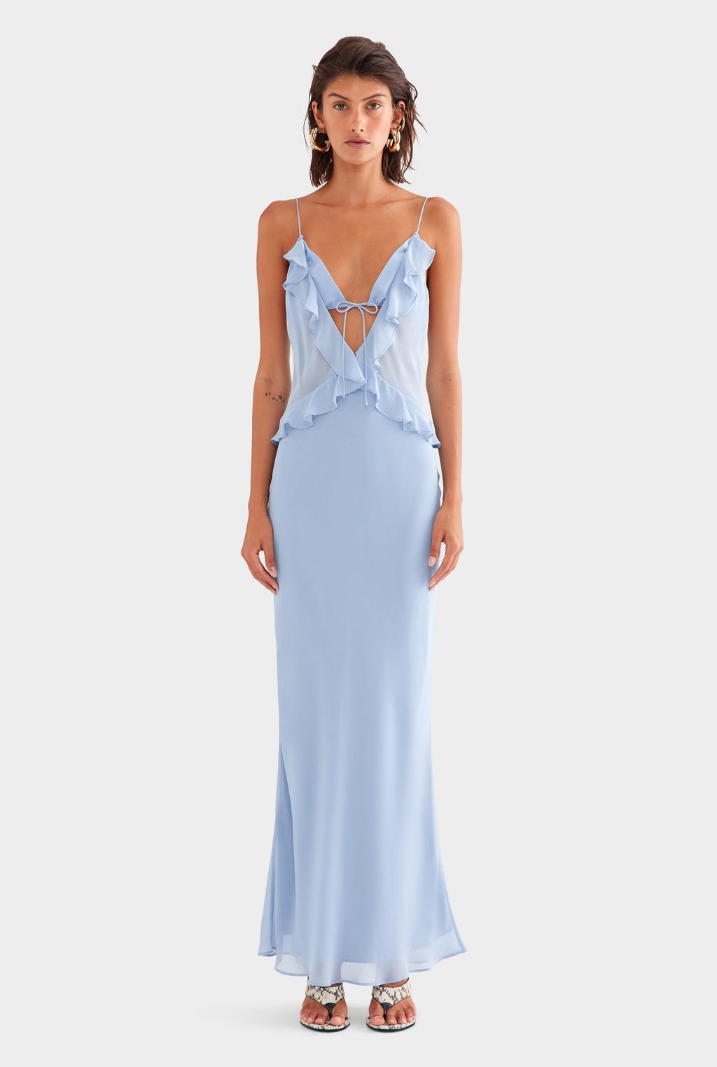 Ocean Eyes Ruffle Plunge Maxi Dress