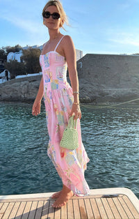 Palm Postcard Print Square Neck Midi Dress