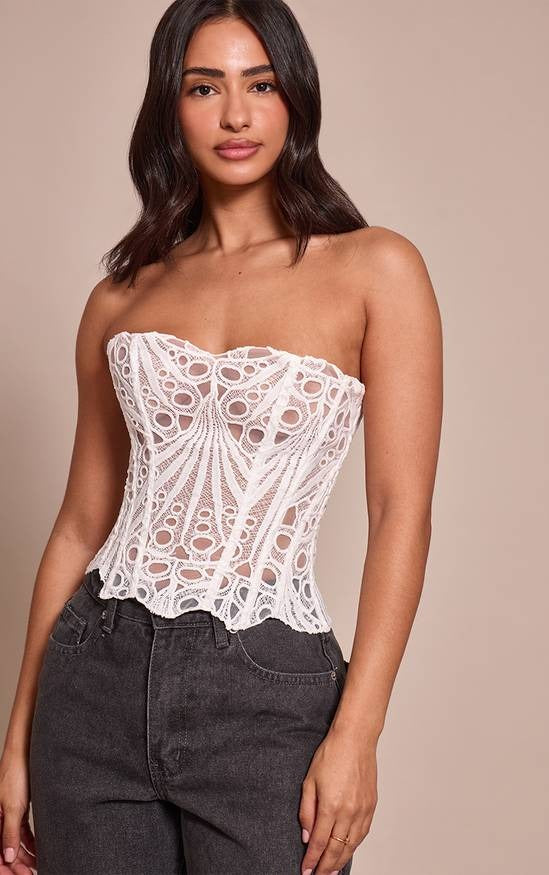 Petite White Textured Sheer Floral Lace Corset