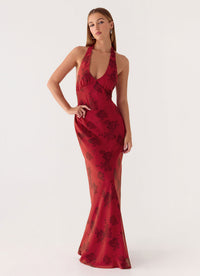 Scarlet Rose Backless Halter Maxi Dress