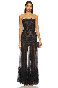 Seraphina Sheer Lace Strapless Maxi Dress