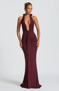 Serena Halter Plunge Ruched Maxi Dress - Burgundy