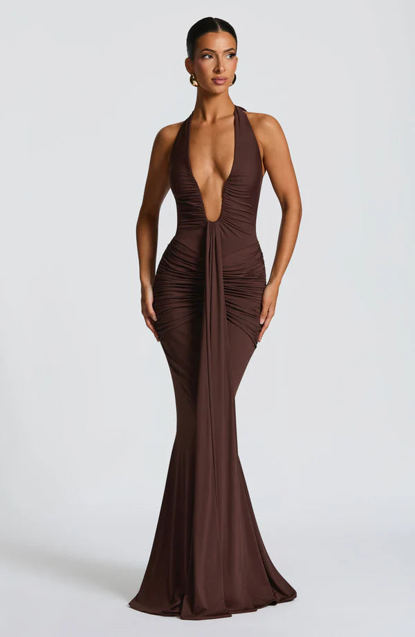 Serena Halter Plunge Ruched Maxi Dress - Deep Chocolate