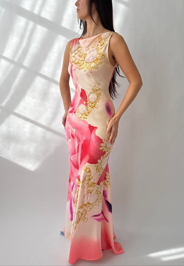 Siren Rose Baroque Jewel Graphic Cowl Back Cami Gown